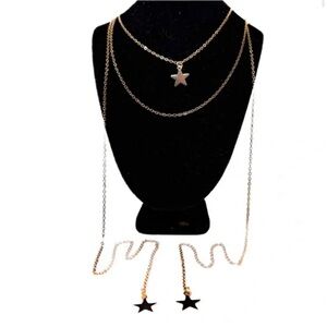NEW - Stunning Gold Multi Layer Celestial Star Charm Necklace w 21” Chain Stars